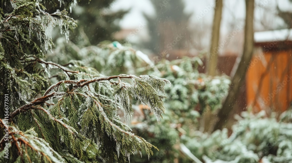 Poster icy branches glistening in a serene garden after an ice storm with soft focus on trees and bushes sh