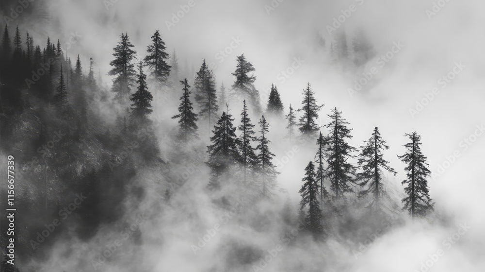Poster mysterious forest silhouette in dense fog creating a serene black and white landscape atmosphere