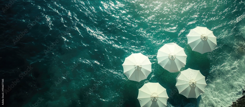 Poster drone view of turquoise sea with white umbrellas creating a serene beach scene perfect for relaxatio