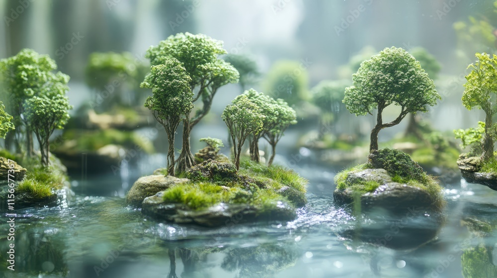 Poster lush green trees reflect in a tranquil river creating a serene and picturesque natural landscape in 