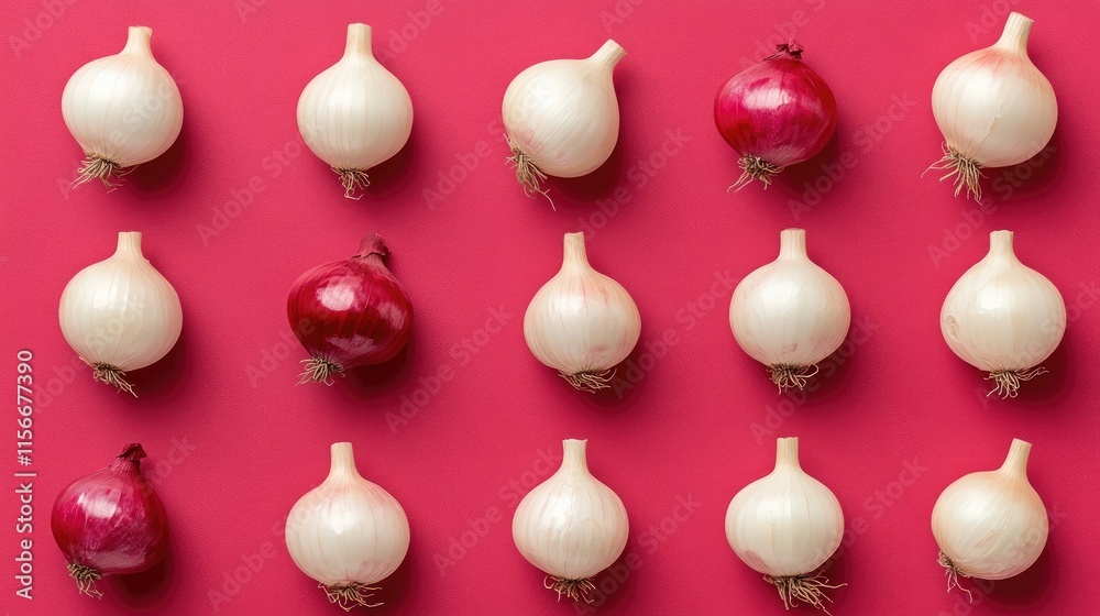 Poster Flat lay of white and red onions arranged aesthetically on a vibrant background showcasing fresh produce with ample copy space