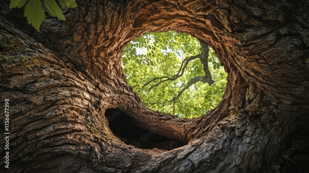 Poster View from inside a hollow tree trunk looking up at vibrant green leaves and branches in a serene natural environment