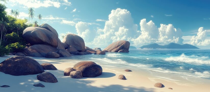Tropical beach with large rocks under a dreamy sky offering a tranquil summer vibe and positive energy for relaxation and escape.