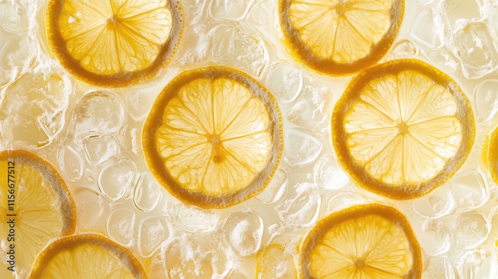 Aufkleber Bright lemon slices on ice creating a refreshing summer flat lay pattern against a light background perfect for seasonal design concepts