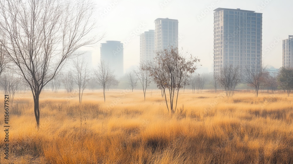 Poster foggy meadow landscape with trees and dry grass against modern buildings in early spring perfect for