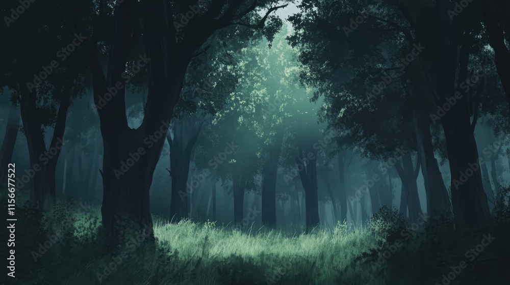 Poster Mysterious forest landscape with towering trees illuminated by soft sunlight creating an enchanting and serene atmosphere