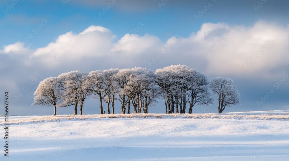 Poster snowy winter landscape featuring a serene line of trees under a dramatic sky with clouds creating a 