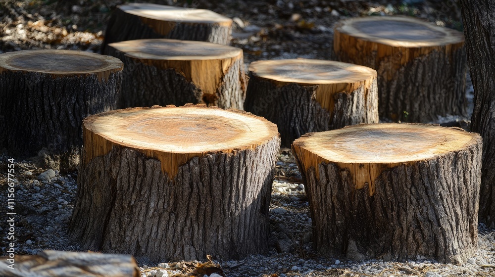 Aufkleber Cut Tree Stumps in Forest Highlighting Environmental Impact of Deforestation and Illegal Logging Issues in Natural Ecosystems