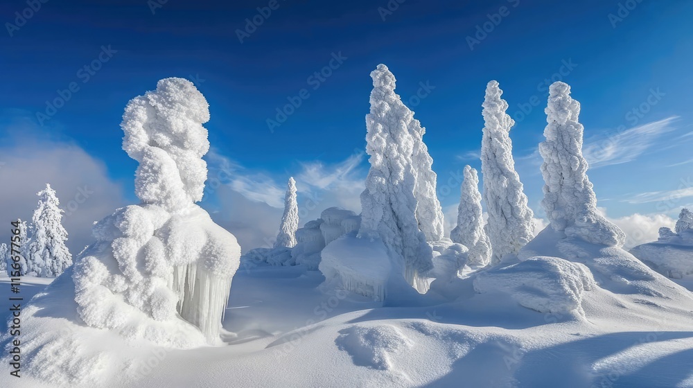 Poster snow-covered trees in a winter landscape with icy formations against a clear blue sky creating a ser