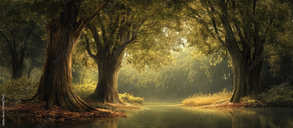 Poster tranquil riverside scene with majestic trees in a serene national park setting during golden hour li