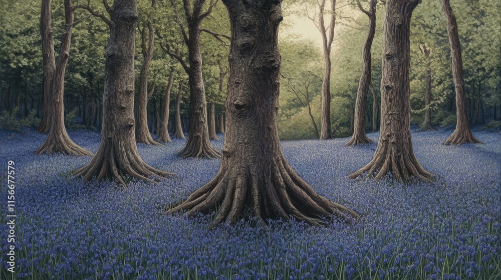 Aufkleber majestic tree trunks emerging from a vibrant field of blooming bluebells in serene woodland setting