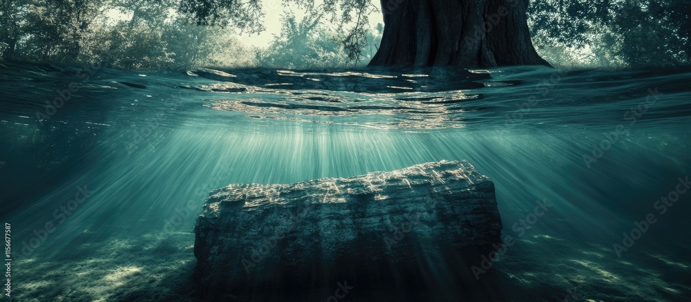Poster Underwater tree trunk illuminated by soft rays of sunlight with tranquil water surface and lush foliage in the background.