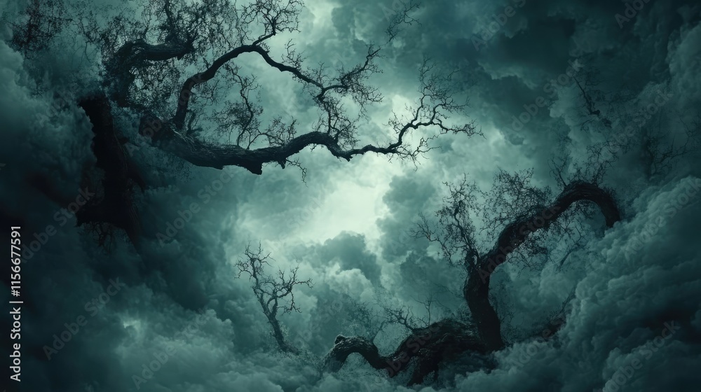 Poster Gnarled tree branches silhouetted against a moody cloudy sky creating an atmospheric and dramatic natural background scene