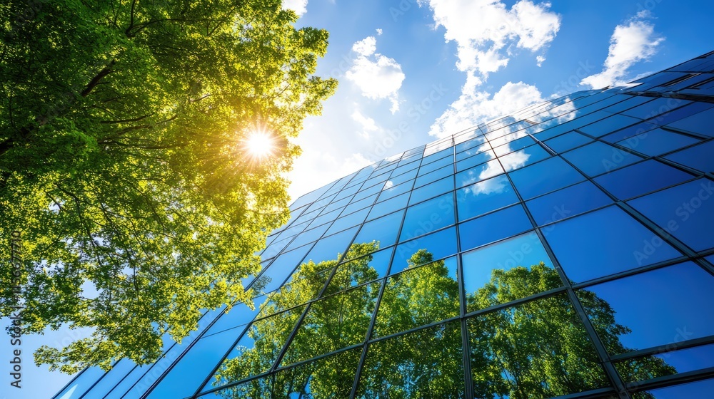 Aufkleber reflection of trees and clouds in modern glass building under bright blue sky with sun shining