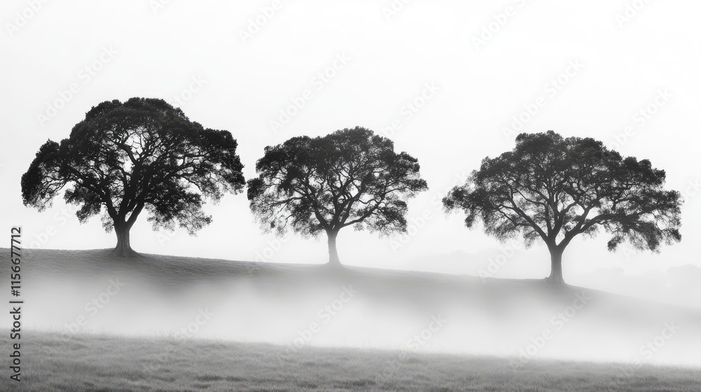 Aufkleber silhouetted trees emerging from dense fog creating a serene and mysterious landscape atmosphere in b