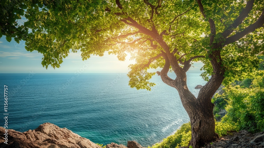Poster scenic coastal view with a lush green tree overlooking a tranquil sea under a bright sky and warm su