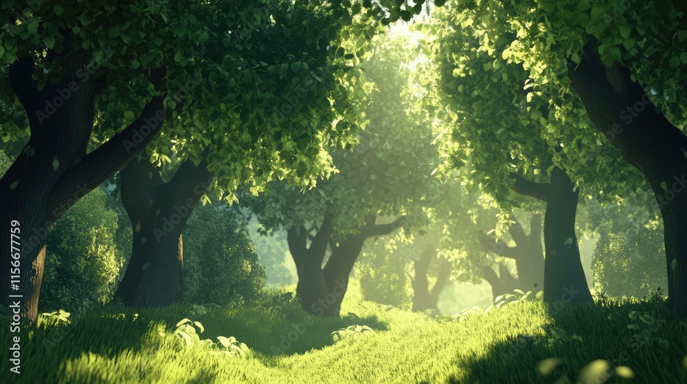 Poster sunlit pathway through lush green trees in a serene forest environment