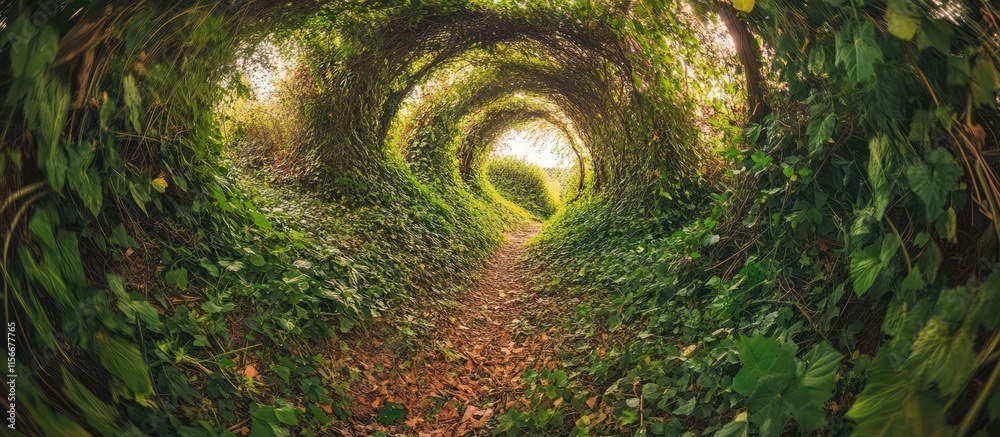 Poster serene pathway through a lush, green tunnel of trees in a tranquil garden setting inviting explorati