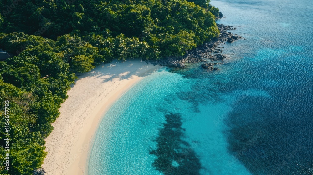 Poster pristine tropical beach with clear turquoise waters and lush greenery in a serene bay environment.