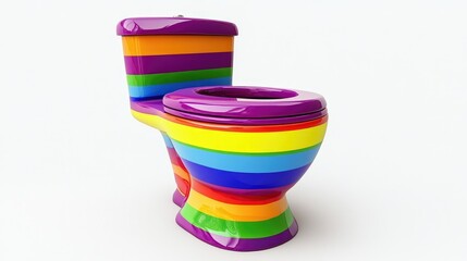 An isolated toilet painted in rainbow stripes, set against a plain white background for a modern...