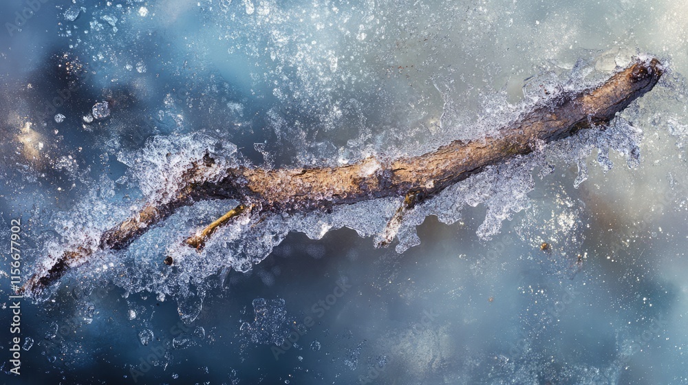 Poster winter branch surrounded by ice and frosty textures, soothing tones create an abstract representatio