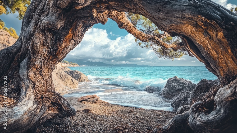 Aufkleber tree trunks framing a serene beach view with turquoise waters and lush greenery under a bright sky