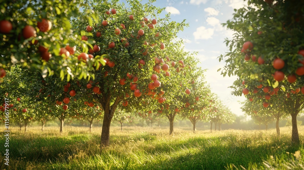 Poster apple orchard with ripe fruit under bright sky showcasing lush greenery and sunlight filtering through branches in a tranquil setting
