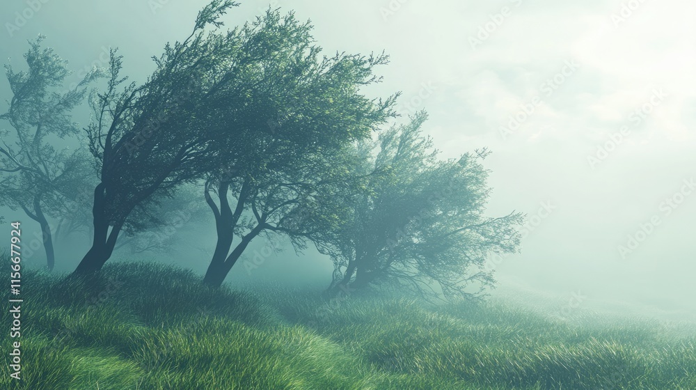 Poster windblown trees in a misty landscape at dawn highlighting nature's tranquility and the ethereal beau