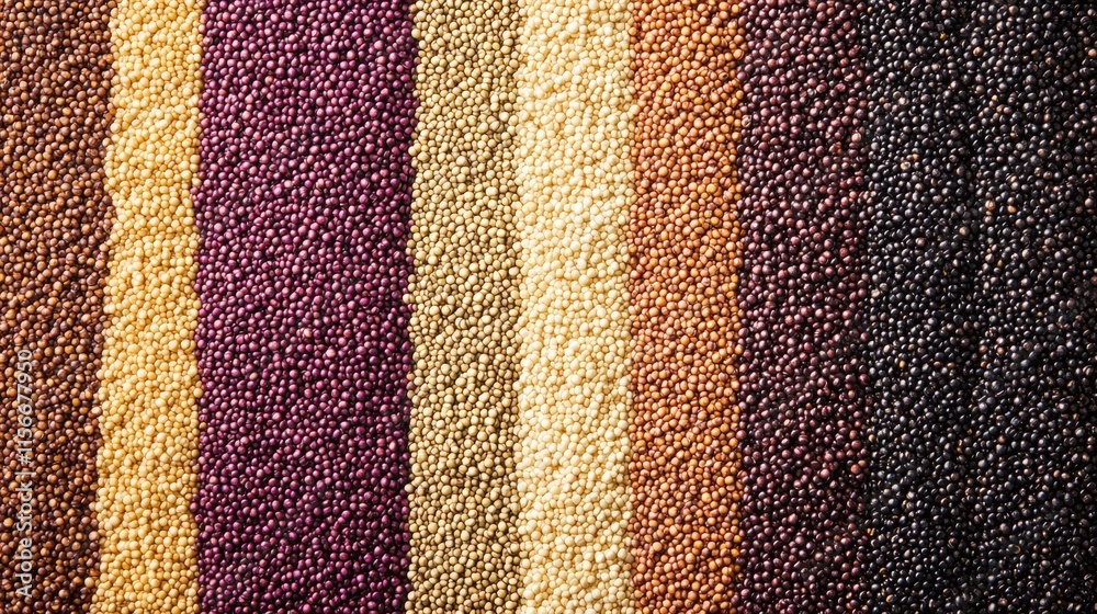Poster tri color quinoa seeds arranged in vibrant striped pattern showcasing natural textures and colors on