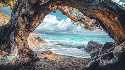 Tree trunks framing a serene beach view with turquoise waters and lush greenery under a bright sky