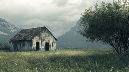 Obraz premium Abandoned farmhouse in serene countryside setting surrounded by wild grass and mountains under a moody sky showcasing nature's beauty.