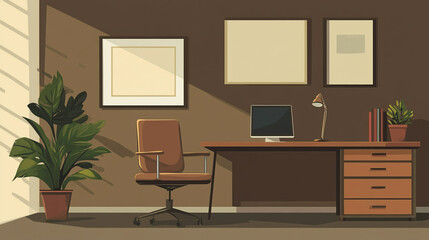Fototapeta premium Cozy modern workspace with desk, chair, plants, and warm lighting.