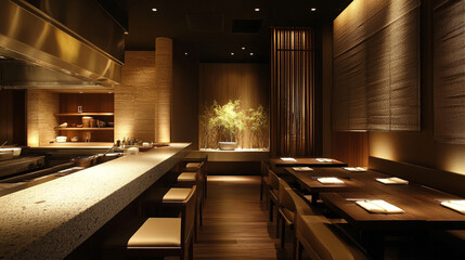 Modern Asian cuisine restaurant interior with warm lighting and natural decor.