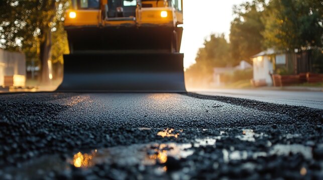 Asphalting the road with an asphalt roller, close-up of the machine's head working on the new black top. Grocery, modern street construction, and concrete delivery service for a house in a residential