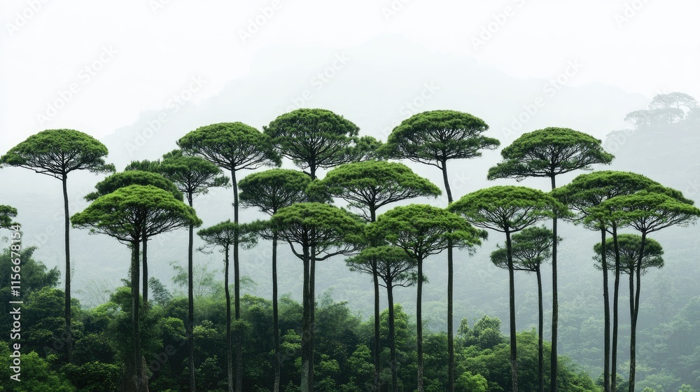 Poster majestic forest of asian plantain trees shrouded in mist creating a serene and tranquil atmosphere i
