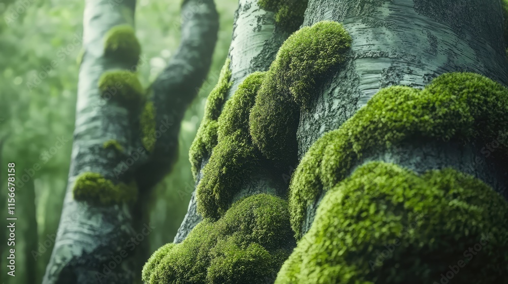 Poster lush green moss growing on ancient tree trunks in a misty forest creating a serene natural atmospher