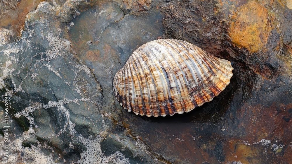 Poster Scenic view of a colorful shell resting on a rock by the ocean with gentle waves in the background on a tropical beach