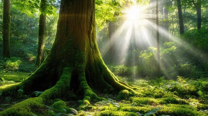 Obraz premium Moss covered tree trunk illuminated by sunlight streaming through lush green forest foliage