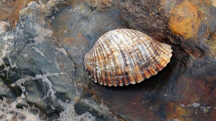 Scenic view of a colorful shell resting on a rock by the ocean with gentle waves in the background on a tropical beach