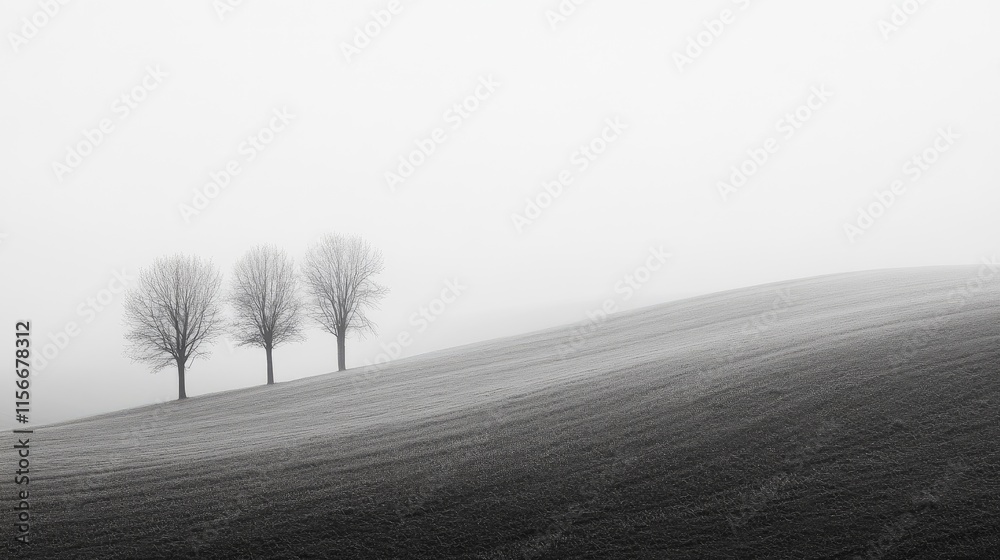 Poster misty landscape featuring bare trees on a hillside under a foggy sky offering a serene and tranquil 