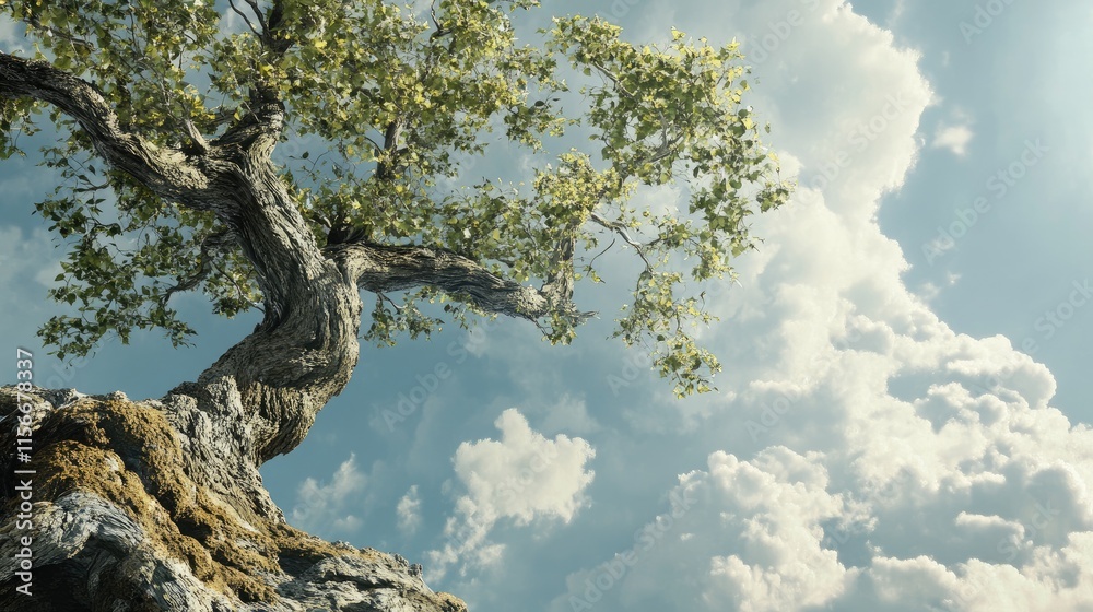 Aufkleber majestic treetop reaching towards a vibrant blue sky with soft clouds creating a serene and natural 