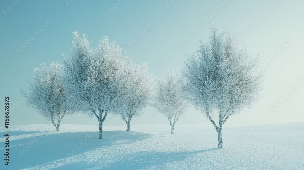 Poster snow-covered trees in tranquil winter landscape under soft blue sky with gentle light and subtle atm