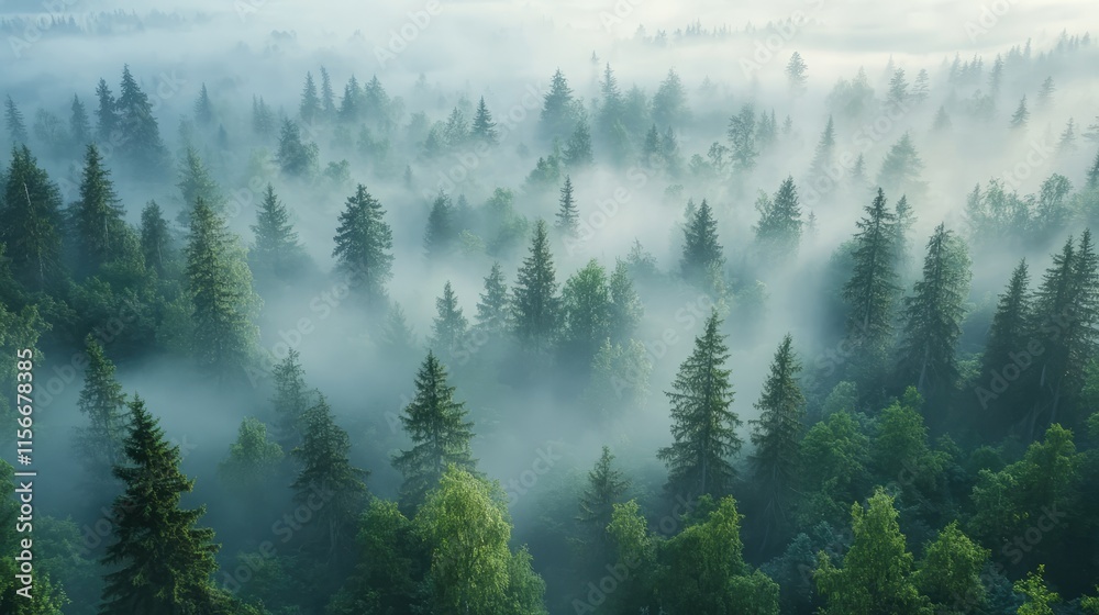 Poster misty morning forest landscape with dense trees and soft fog creating a serene and tranquil atmosphe