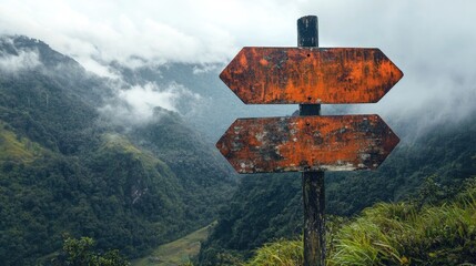 Weathered trekking signposts in a misty mountain landscape guiding hikers through lush green valleys and fog-covered peaks.