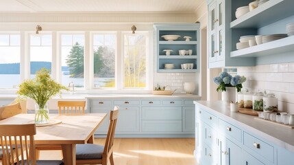 Cozy and inviting coastal style kitchen featuring light blue accents open shelving and nautical themed decor elements creating a relaxing and contemporary living space
