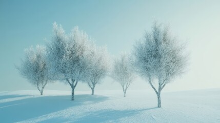 Fototapeta premium Snow-covered trees in tranquil winter landscape under soft blue sky with gentle light and subtle atmospheric depth