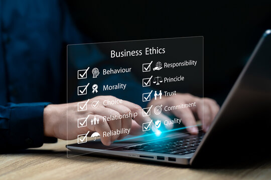 Business ethics Behavior and manners concept, Businessman mark key topics of business ethics, Ethical investment, Effective compliance,  Responsibility Ethics Goals Company, Legislation, Investment