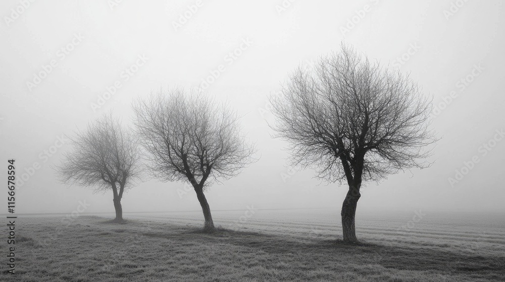 Poster Misty landscape with three barren trees silhouetted against a foggy field creating a serene and tranquil atmosphere