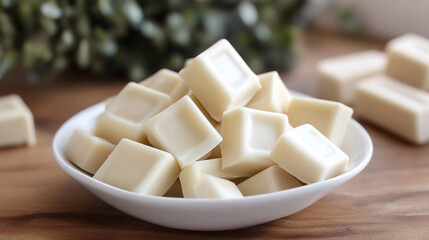 White chocolate pieces arranged in a bowl on a wooden surface.