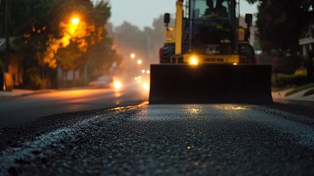 Asphalting the road with an asphalt roller, close-up of the machine's head working on the new black top. Grocery, modern street construction, and concrete delivery service for a house in a residential
